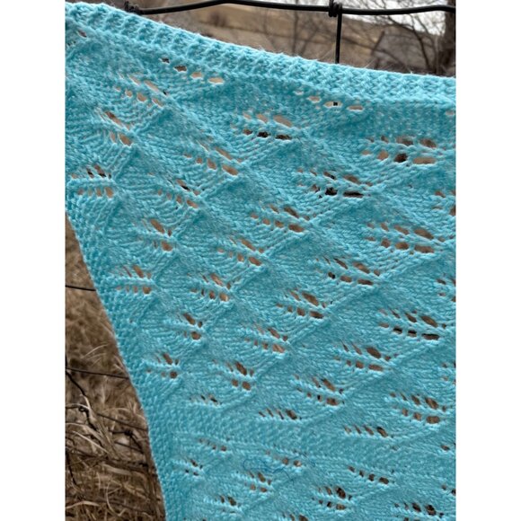 Vintage 70's Light Turquoise Blue Knitted Afghan Throw - Picture 5 of 13